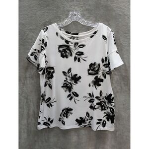 Women's Blouse Petite Medium Black White Floral Career Office